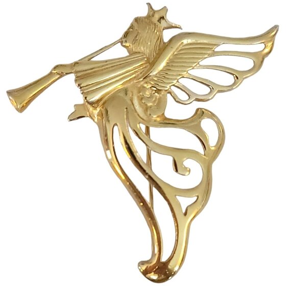 Givenchy Gold Tone Angel Blowing Horn Brooch Pin, Signed M456 - Picture 1 of 7